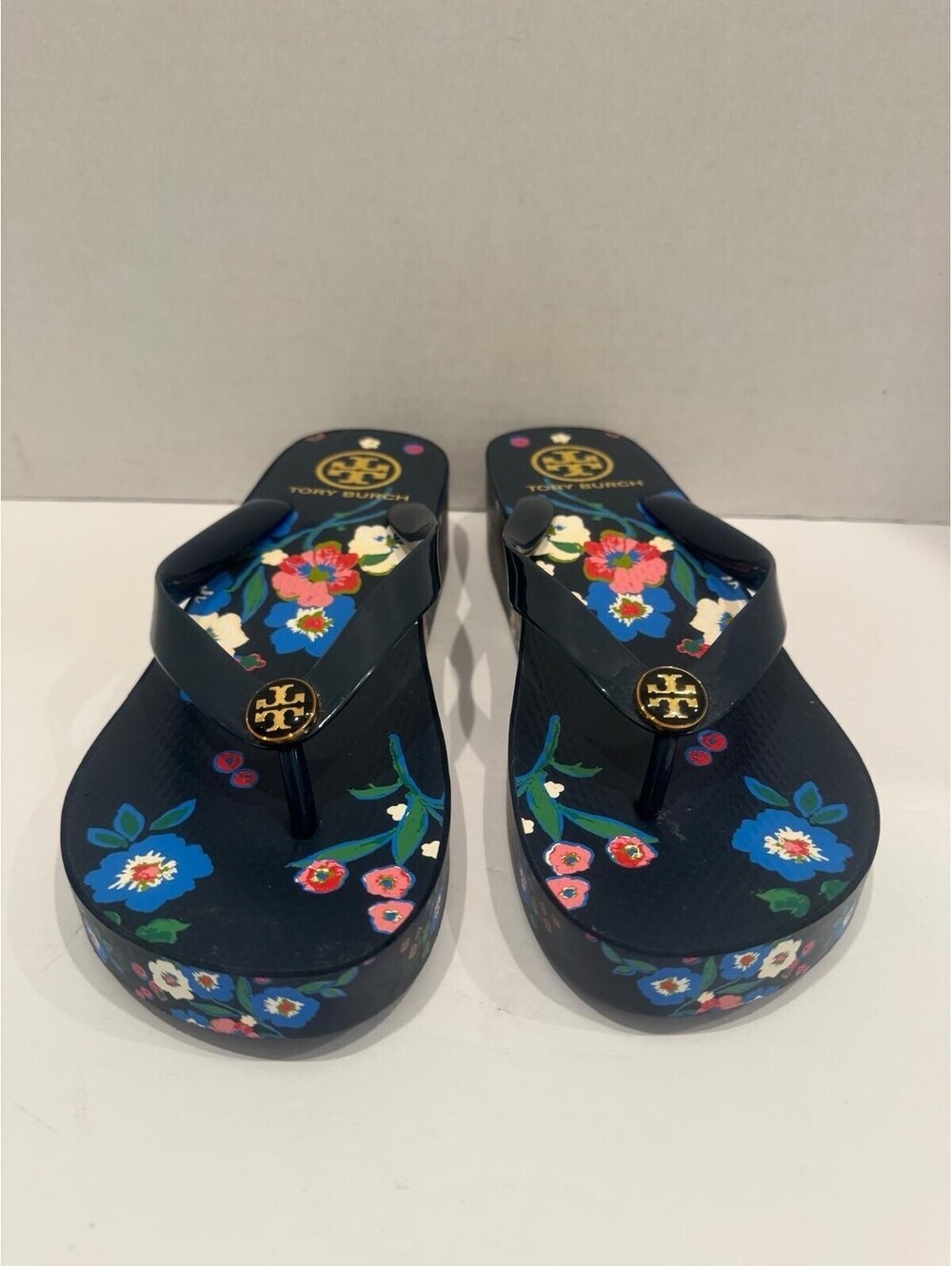Tory Burch Floral Wedge Flip Flop Sandals — Midnight Navy Multi‑Color Print| 8M